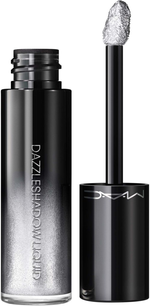 A black and silver cosmetic bottle with a wand applicator, labeled 'Dazzle Shadow Liquid,' used for eye makeup.