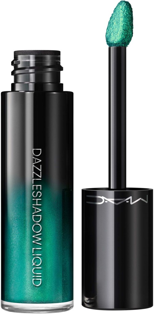 A black bottle of DazzleShadow Liquid makeup with a teal and greenish gradient, and an applicator with a teal-colored tip.