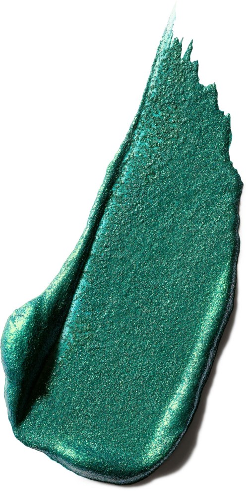 A bright, shimmering green eyeshadow smear with a textured, shiny surface.