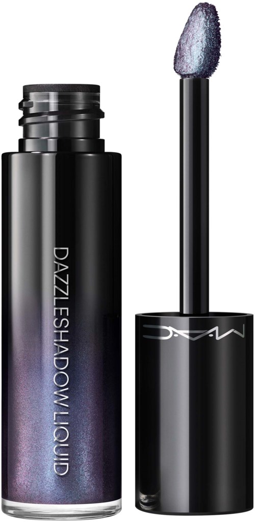 A black tube of lipstick with a wand showing purple, shimmery lip gloss or liquid lipstick.
