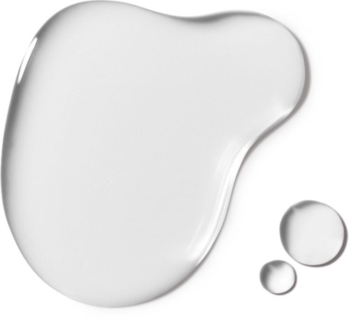 A clear liquid spill with two smaller drops on a dark surface.