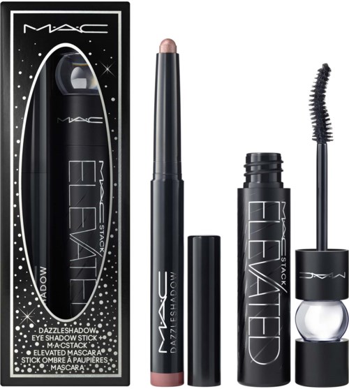 MAC Makeup Extended Elements set with eyeshadow, eyelash, and mascara products in black packaging.