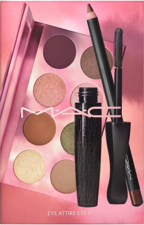 En rosa ögonskuggspalett med sex färger, mascara, eyeliner och läppglans, alla märkes MAC för ögonmakeup.