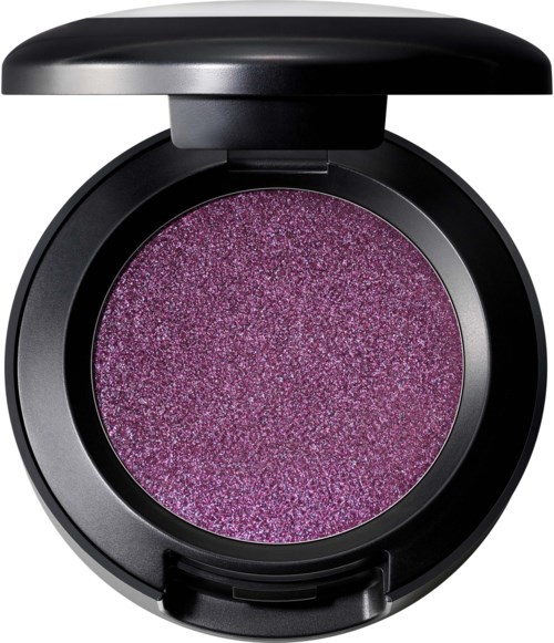 Pyöreä meikkipakkaus, jossa on kirkas violetti glitter-aurinkopuuteri ja musta kansi.