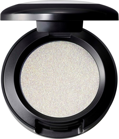 Eine runde Make-up-Compact mit schimmerndem weißen Puder und schwarzem Deckel.