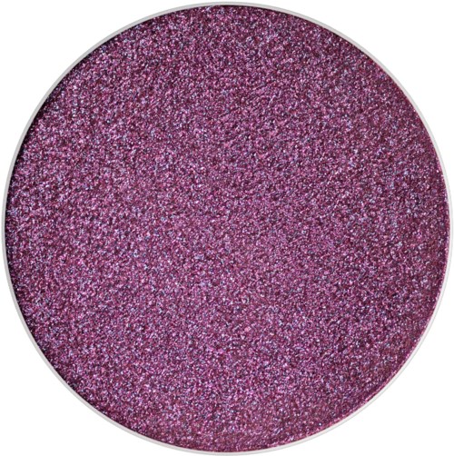 A round makeup eyeshadow with pink and purple glittery particles.