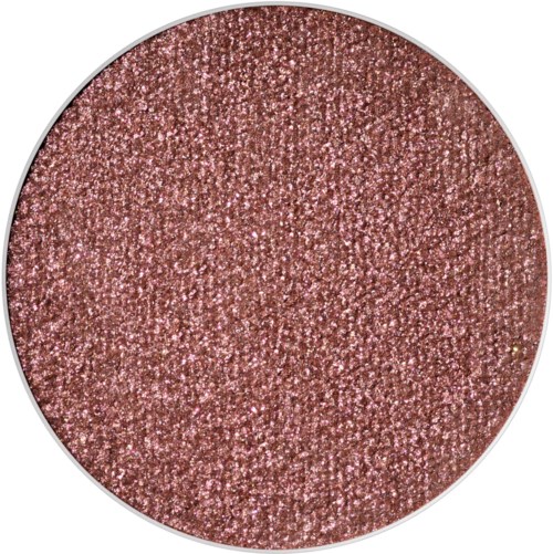 Pink glitter eyeshadow in a circular palette, densely packed with shiny particles, looks sparkly and glamorous.
