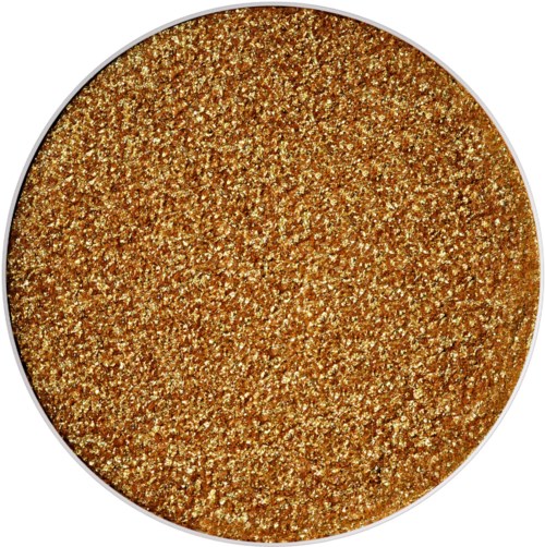 A round container filled with shiny, gold-colored glitter.
