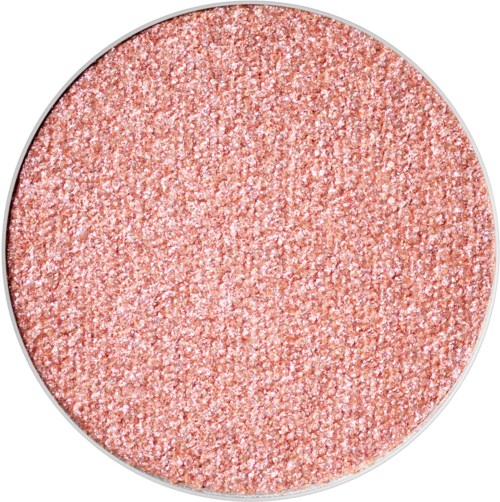 Pink shimmery eyeshadow in a round container. Sparkling, smooth, and shiny surface.