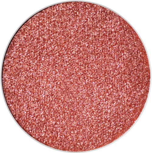 A round makeup eyeshadow pan filled with shiny, pinkish-orange glittery powder.