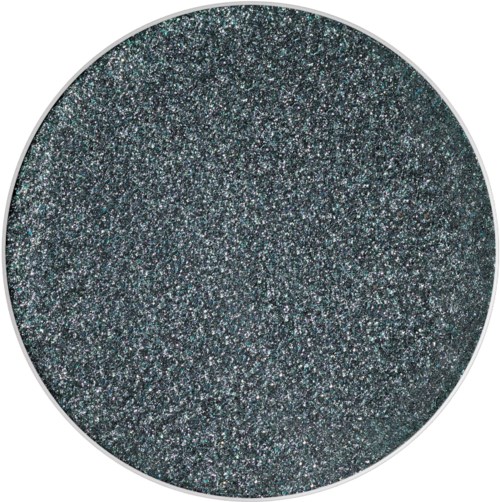 A round container filled with black, glittery, sparkly powder.