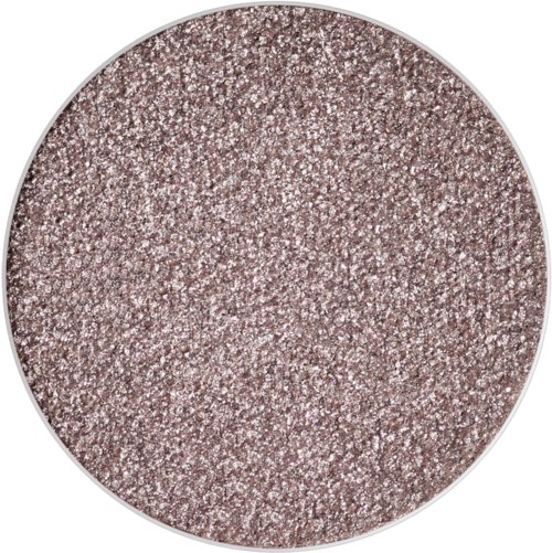 A round eyeshadow palette with a shimmery, pinkish-brown color, containing many tiny glitter particles.