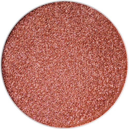 A round, shiny, glittery makeup eyeshadow in a rose gold color.