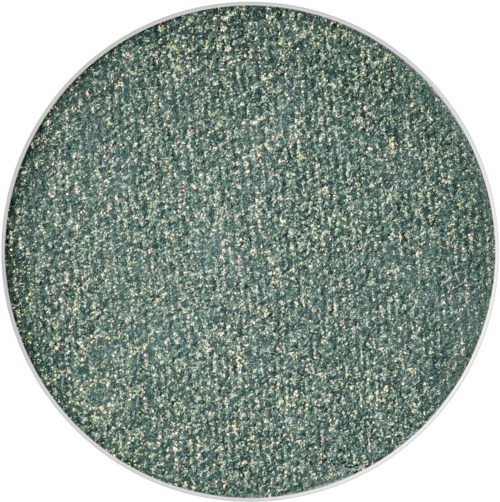 A round, glittery green eyeshadow with a sparkly, textured surface.