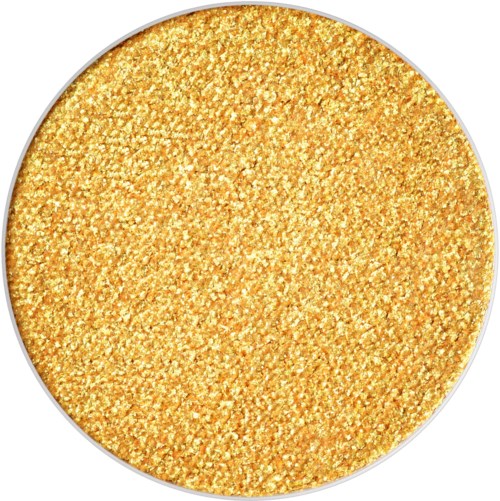 Eine runde, goldfarbene, glitzernde Oberfläche. Sie sieht glänzend und funkelnd aus.