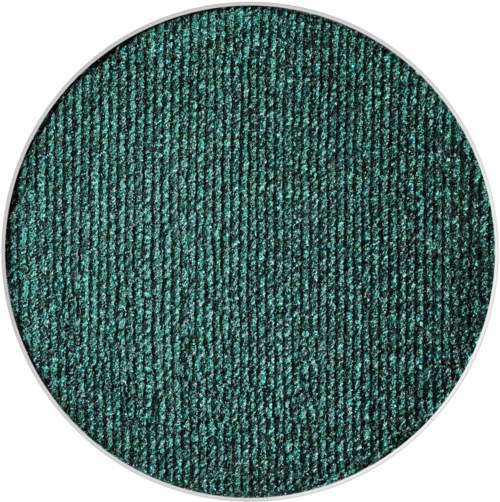 A circular eyeshadow with a shimmering teal color and textured surface.