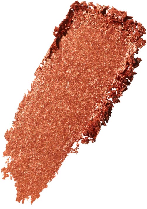 Schimmernder, zerbrochener orangefarbener oder kupferfarbener Lidschatten auf weißem Hintergrund.