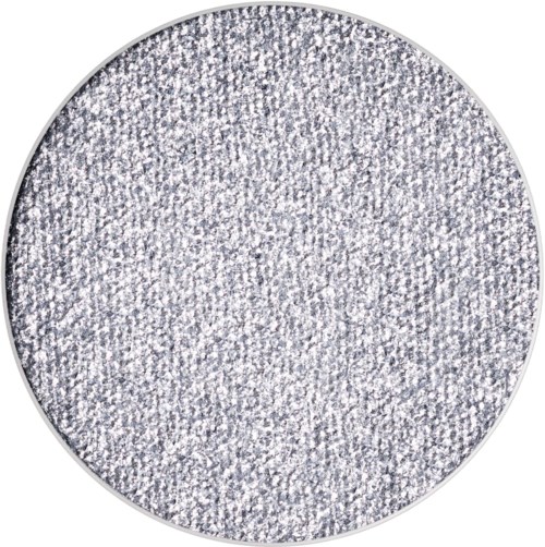 Eine kreisförmige, silberne glitzernde Oberfläche mit glänzender, texturierter Optik.