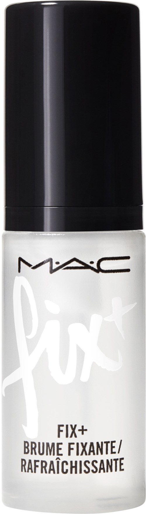 A small white bottle with a black cap, labeled MAC Fix+ for setting makeup and refreshing skin.