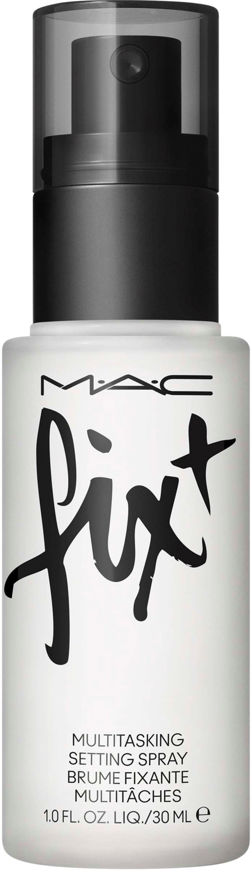 En vit flaska med svart lock, märkt MAC Fix+ multi-tasking setting spray.