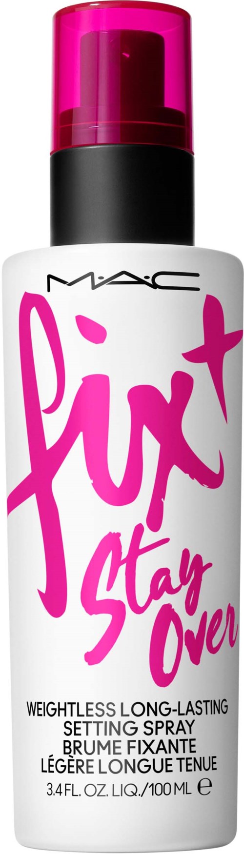 A white spray bottle with pink cap and bold pink text, labeled MAC Fix+ setting spray.