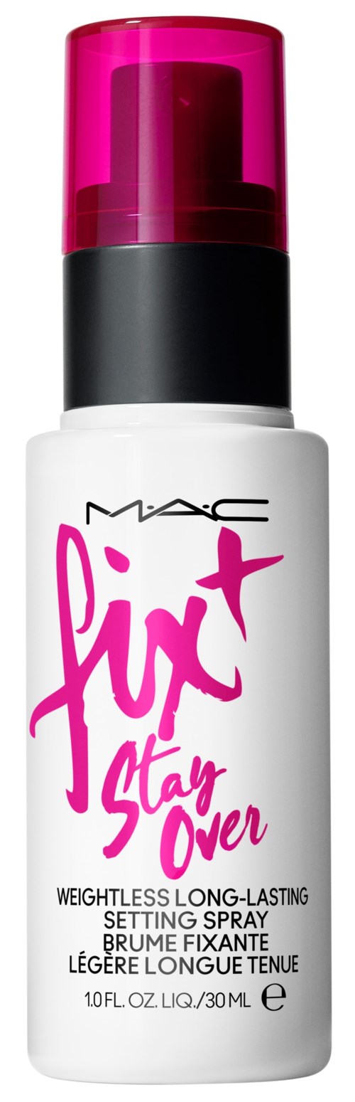 A white bottle of MAC Fix+ Stay Over setting spray with a pink cap and pink writing.