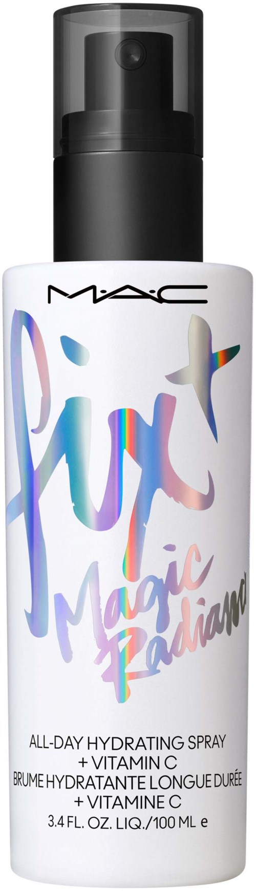 MAC all-day hydrating spray bottle with colorful, playful design and label that mentions Vitamin C.