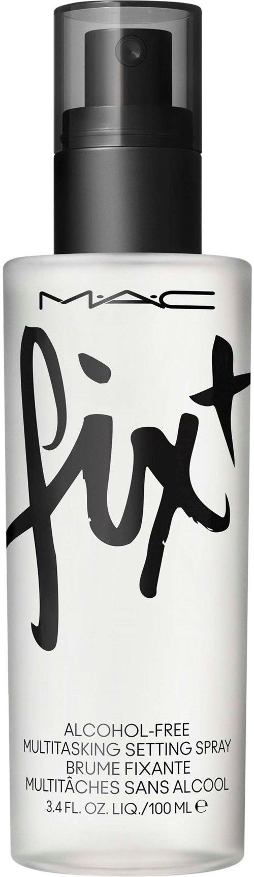 Eine weiße Sprayflasche mit schwarzem Deckel und schwarzem Text, gekennzeichnet MAC Fix, für Make-up-Fixierung.