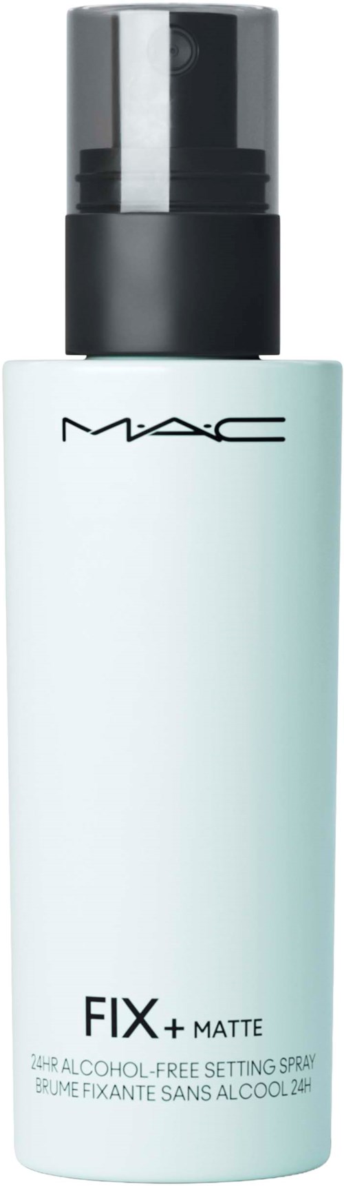 En vit flaska med svart lock med etiketten MAC FIX+ MATTE, en make-up inställningsspray.