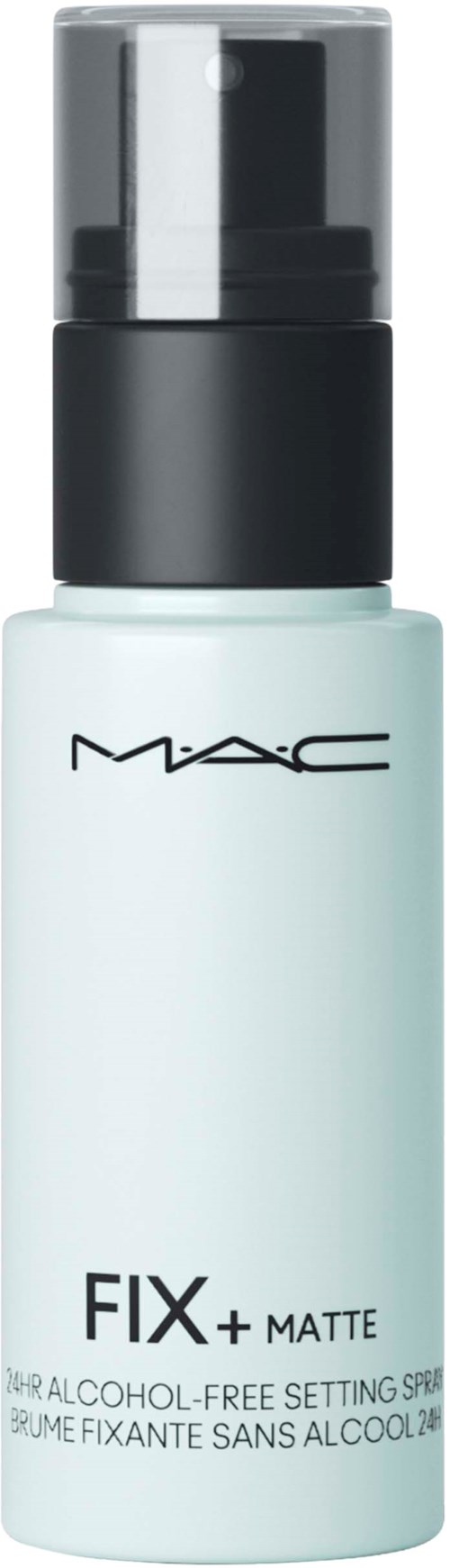 En vit flaska av MAC Fix+ Matte spray med svart lock och grå pump. Den är alkoholfri och används för att fixera makeup.