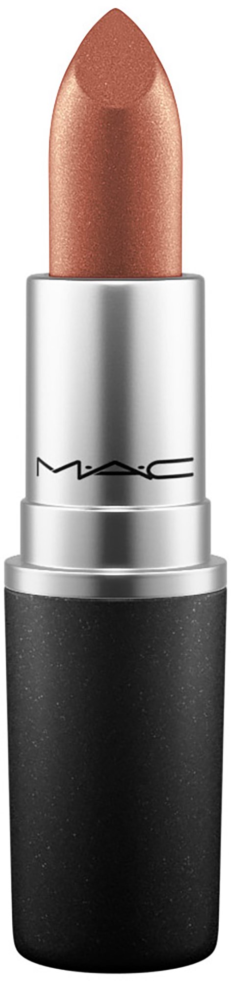 A beige lipstick in a silver and black tube, with the MAC logo visible.