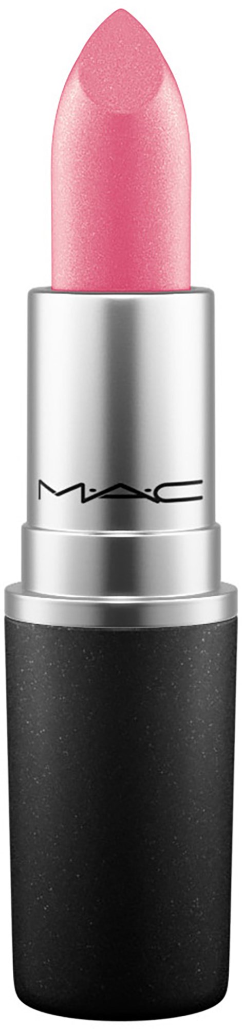 A pink lipstick in a silver and black tube, labeled MAC.