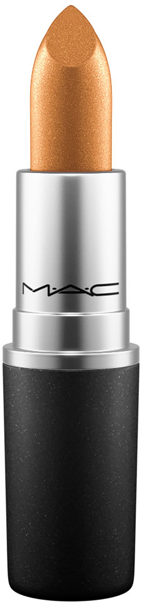 A lipstick with a black and silver tube, showing a shiny, golden-brown color.