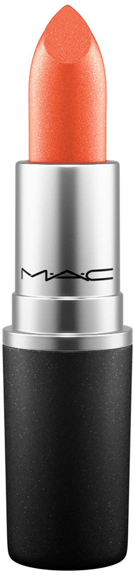 A lipstick with a peach-colored shade in a silver and black case.