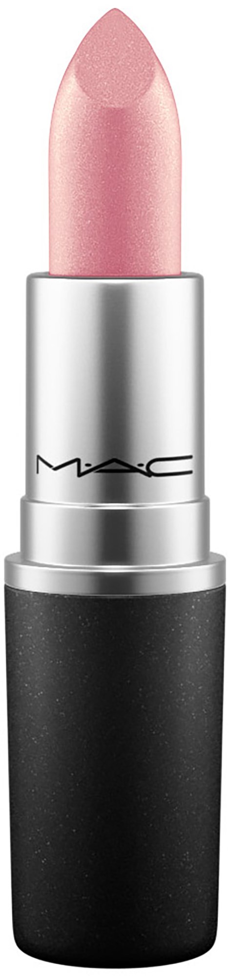 A MAC lipstick with light pink color in a black and silver tube.