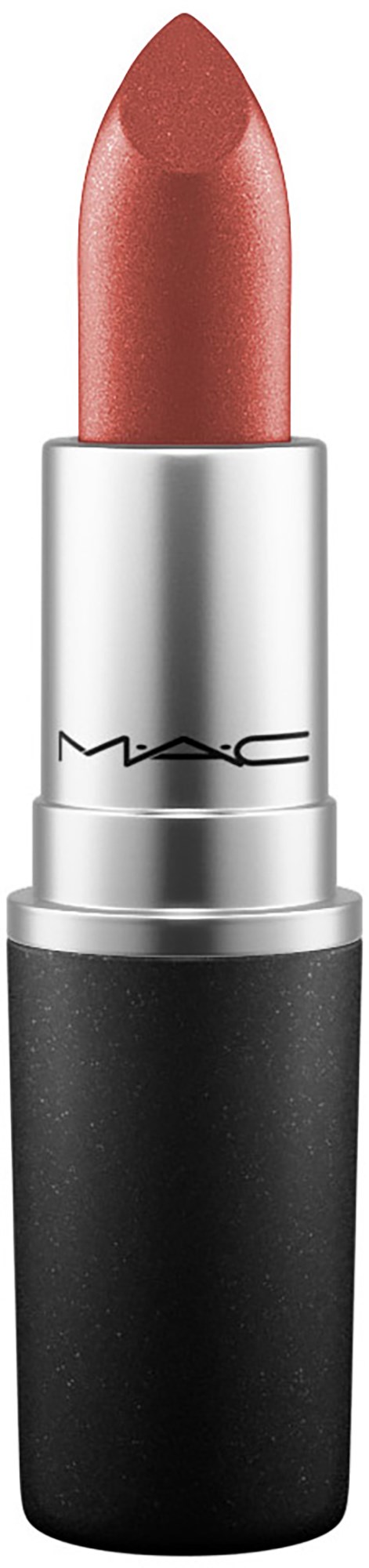 A lipstick with a silver and black case and a pinkish-brown color. It has the MAC brand logo.
