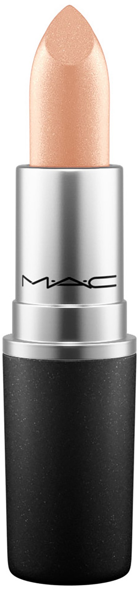 A beige lipstick with a silver and black tube from MAC.