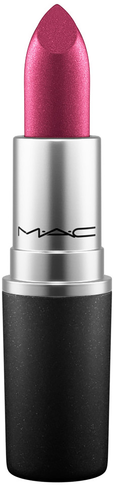 A pink lipstick in a silver and black tube with the MAC logo on it.
