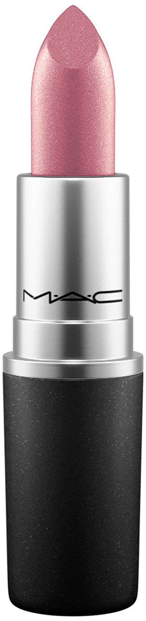 A pink lipstick in a silver and black tube.