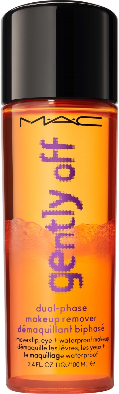A bottle of MAC "Gently Off" dual-phase makeup remover with orange liquid inside and black cap.