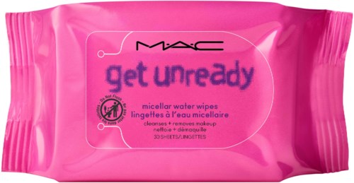Pink packet of MAC micellar water wipes labeled 'get unready' for cleaning makeup, with 30 sheets inside.