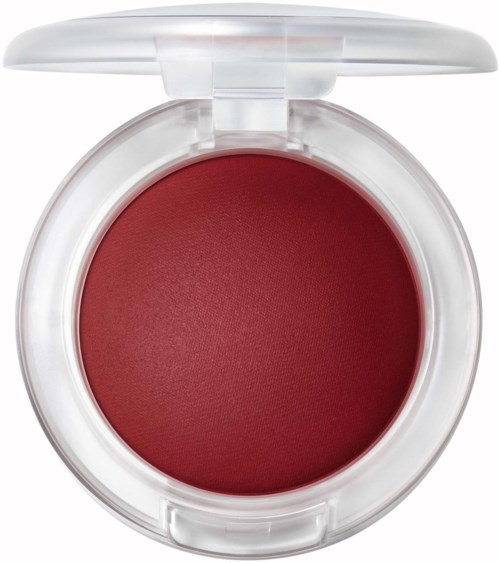 A round makeup blush container with a red shade inside and a white flip lid.