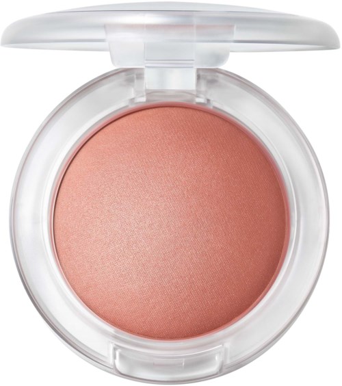 Ein runder Blush-Container mit peachfarbendem Presspuder und einem transparenten Deckel.