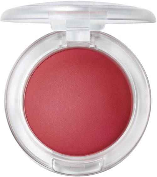 A round blush container with a clear lid showing reddish-pink makeup inside.