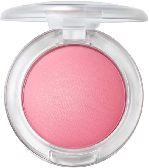 A round pink blush compact with a clear lid, showing the makeup inside.