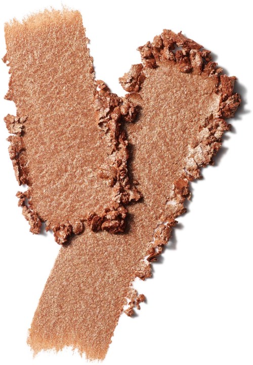 Tre smusede prøver av skinnende bronse og beige øyeskygge med en myk, glitteraktig finish.