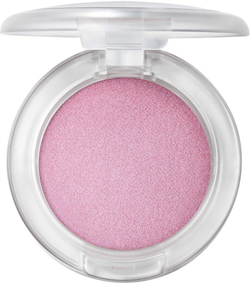 Rosa skimmerende blush i en rund kompakt med klar lokk.