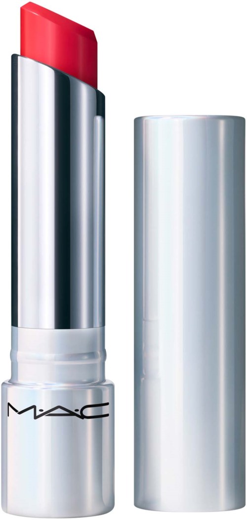 A red lipstick with a shiny silver case and an open cap showing the lipstick.