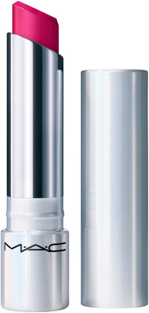 A pink lipstick in a shiny silver tube with a silver cap beside it.