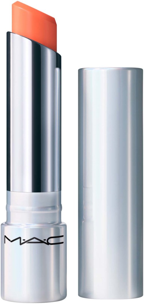 A lipstick with a silver case, showing a coral-colored lipstick stick, and with the cap off.